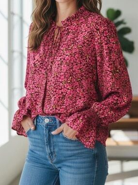 Pink Floral Tie-Neck Ruffle Blouse